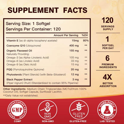 CoQ10 400mg SoftGels with PQQ, Omega 3 & Vitamin E | Heart Health & Cellular Energy - 120 Servings