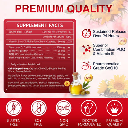 NATURE TARGET CoQ10 400mg + PQQ with Vitamin E & Organic Olive Oil | High-Absorption, 120 Servings