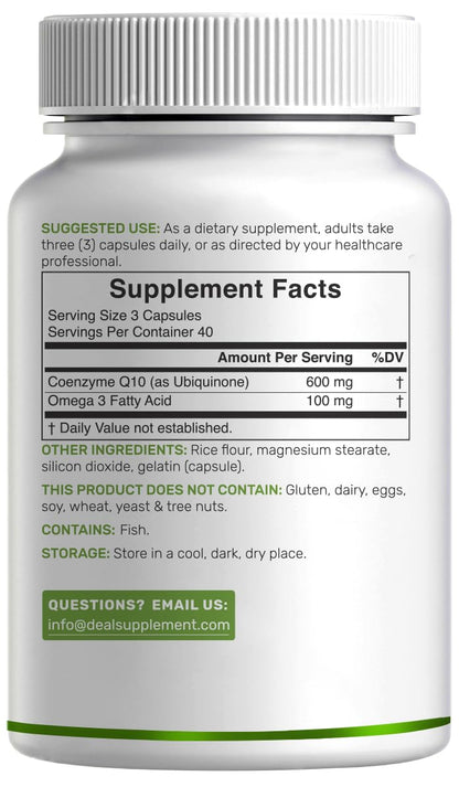 CoQ10 600mg, 120 Capsules – Omega 3 100mg – Max Strength, Bioavailable CoQ10 – Heart, Energy & Brain Health – Non-GMO