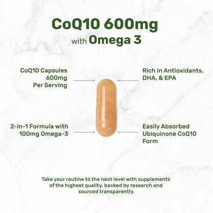 CoQ10 600mg, 120 Capsules – Omega 3 100mg – Max Strength, Bioavailable CoQ10 – Heart, Energy & Brain Health – Non-GMO