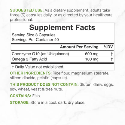 CoQ10 600mg, 120 Capsules – Omega 3 100mg – Max Strength, Bioavailable CoQ10 – Heart, Energy & Brain Health – Non-GMO