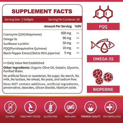 CoQ10 600mg Softgels - Extra Strength CoQ10 with Omega-3, PQQ & BioPerine (120 Softgels)