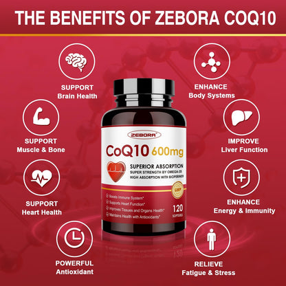 CoQ10 600mg Softgels - Extra Strength CoQ10 with Omega-3, PQQ & BioPerine (120 Softgels)