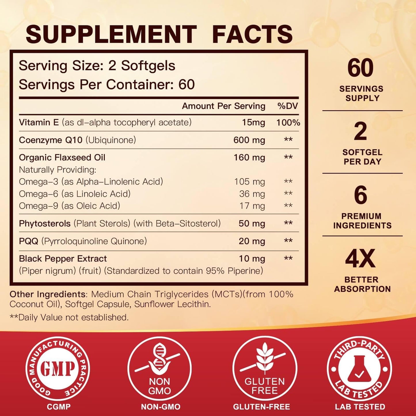 CoQ10 600 mg Softgels – Coenzyme Q10 Supplement with Omega-3, PQQ & Vitamin E | 60 Servings