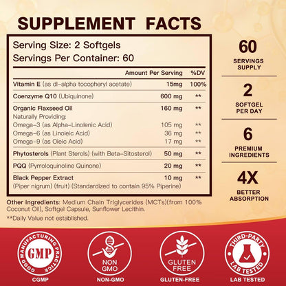 CoQ10 600 mg Softgels – Coenzyme Q10 Supplement with Omega-3, PQQ & Vitamin E | 60 Servings