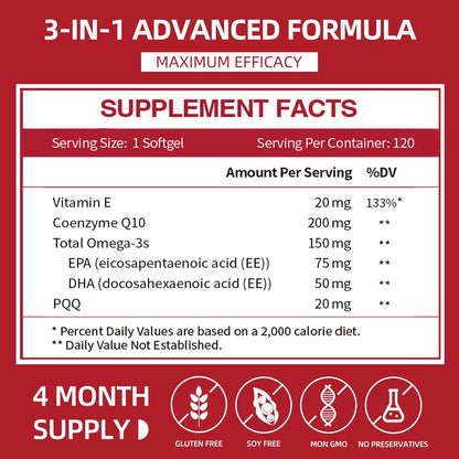 CoQ10 200mg Softgels with PQQ & Omega-3 – Maximum Absorption, 120 Count