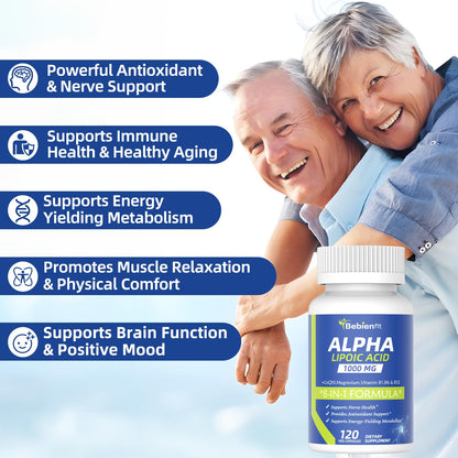 Alpha Lipoic Acid 1000mg with Magnesium Glycinate – Neuropathy Support, CoQ10 & B Vitamins – Gluten-Free Vegan 120 Caps