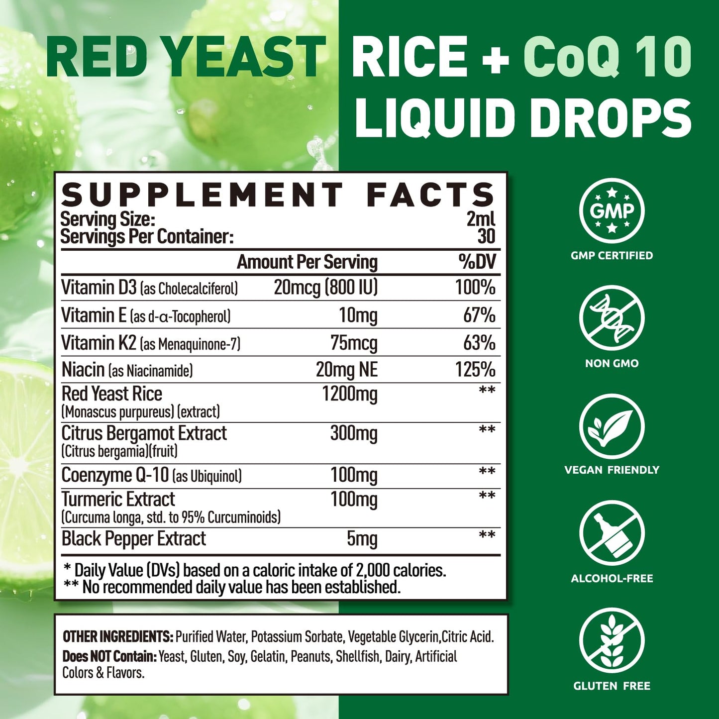 Liquid Red Yeast Rice with CoQ10 Drops 1200mg - Cholesterol & Immune Support, 2 fl oz