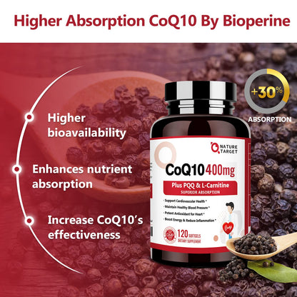 Nature Target CoQ10 400mg with PQQ, Omega-3s & L-Carnitine – High-Absorption CoQ10 with BioPerine | 120 Servings