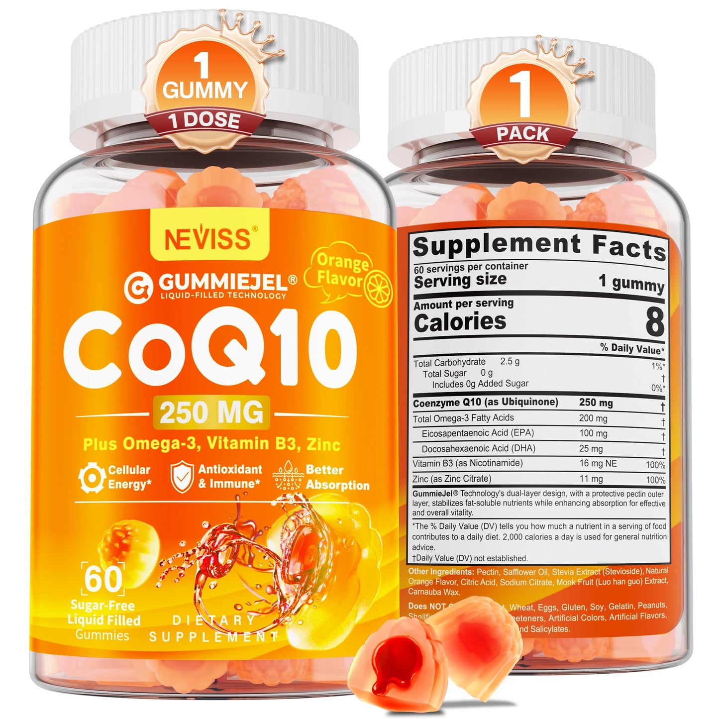 Sugar-Free CoQ10 Gummies 250mg / 500mg | Omega-3 EPA + DHA, Vitamin B3 & Zinc | Vegan 60-Count | Heart Health & Cellular Energy