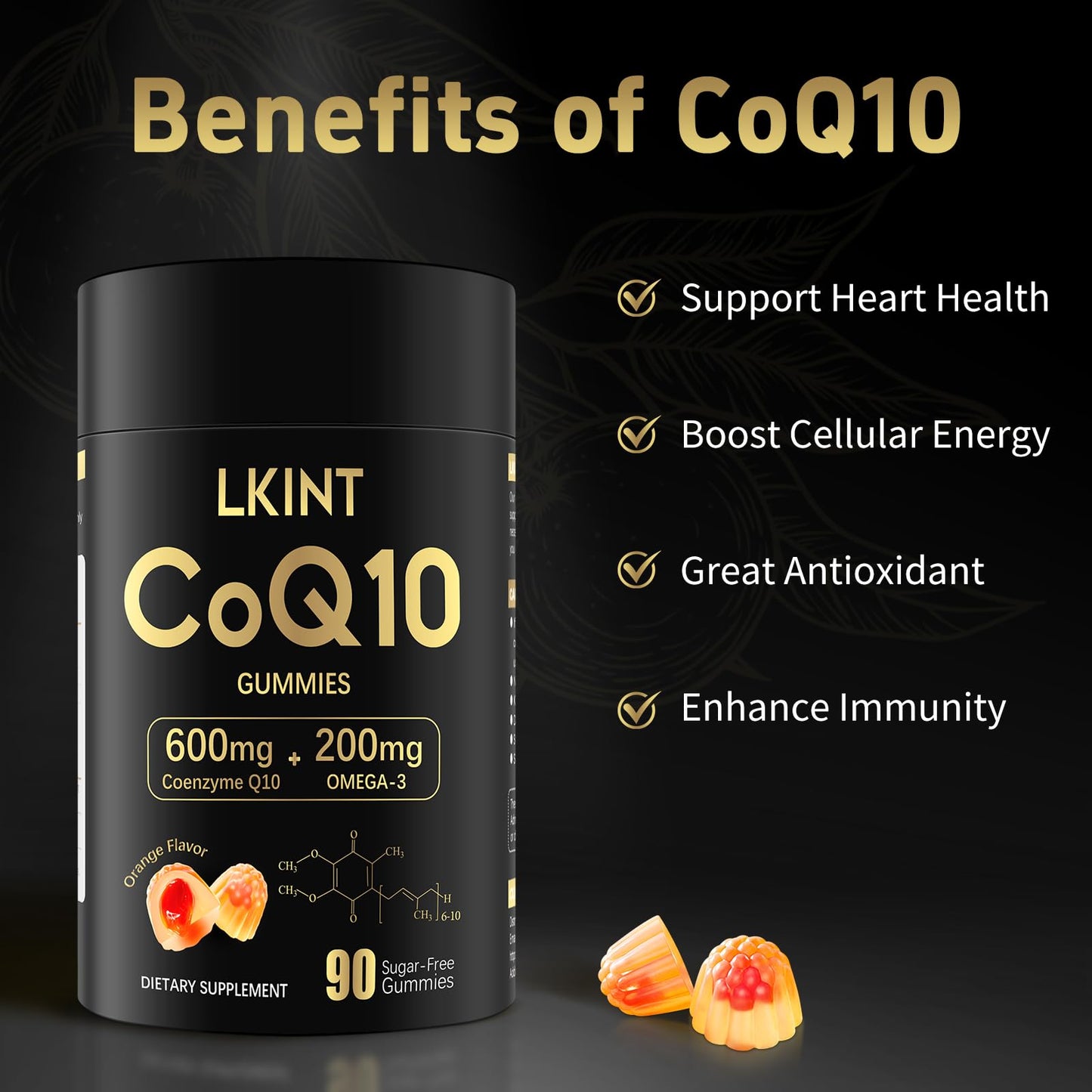 LKINT CoQ10 Gummies 600mg — Sugar Free with Omega-3 & Vitamin E (Pack of 2, 180 Gummies)