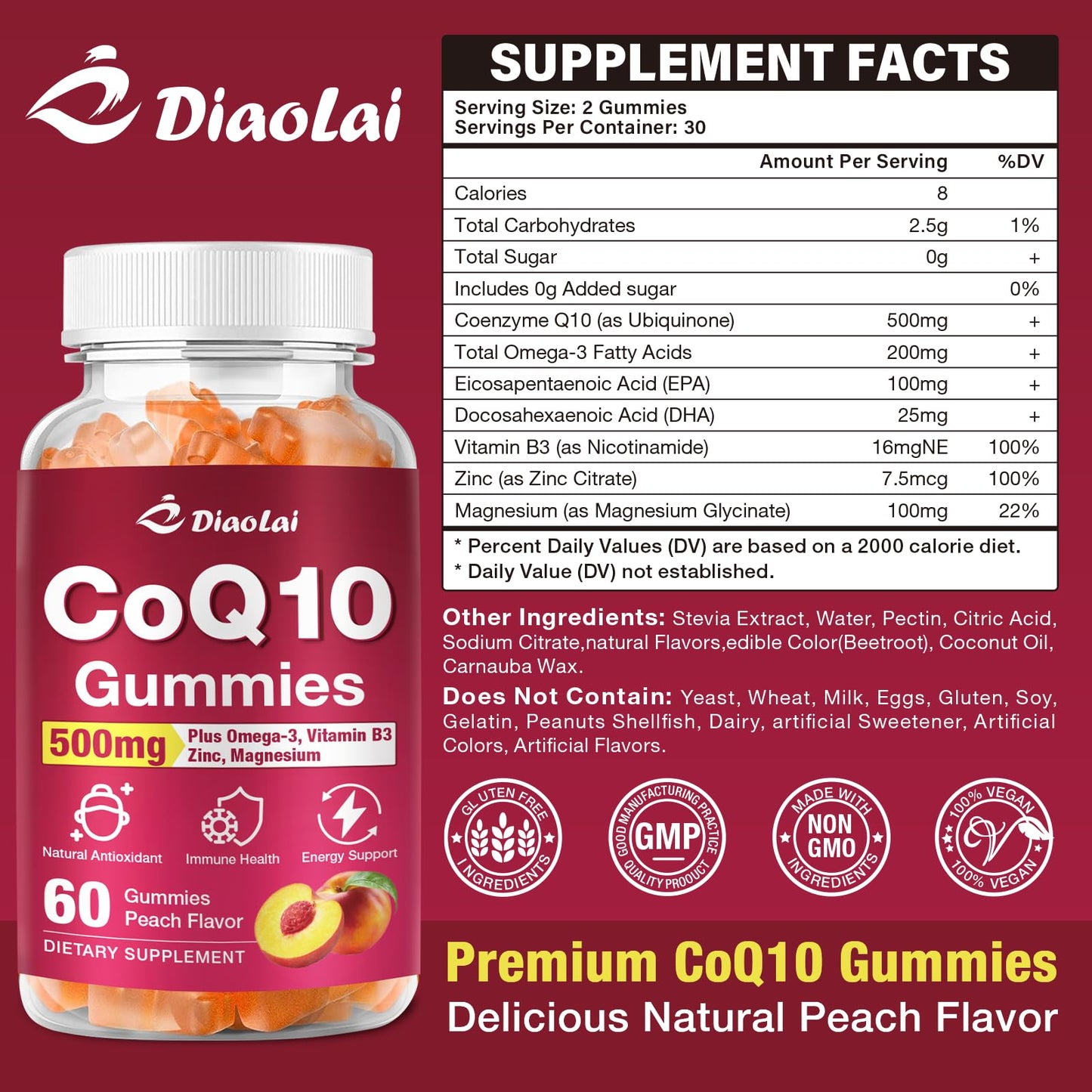 CoQ10 Gummies 500mg + Omega-3 EPA/DHA | Immune & Energy Support – Orange Flavor | Non-GMO, Gluten-Free | 60 Count