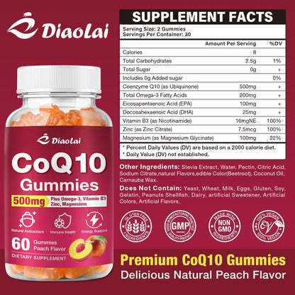 CoQ10 Gummies 500mg + Omega-3 EPA/DHA | Immune & Energy Support – Orange Flavor | Non-GMO, Gluten-Free | 60 Count