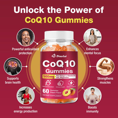 CoQ10 Gummies 500mg + Omega-3 EPA/DHA | Immune & Energy Support – Orange Flavor | Non-GMO, Gluten-Free | 60 Count