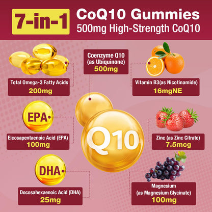 CoQ10 Gummies 500mg + Omega-3 EPA/DHA | Immune & Energy Support – Orange Flavor | Non-GMO, Gluten-Free | 60 Count