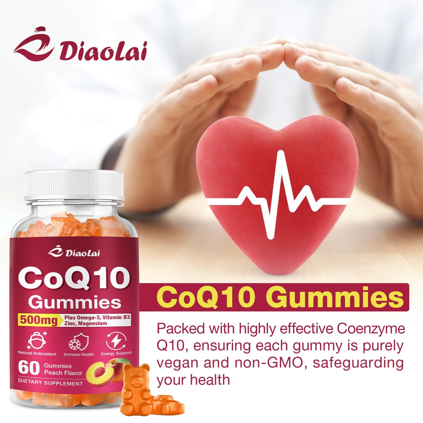 CoQ10 Gummies 500mg + Omega-3 EPA/DHA | Immune & Energy Support – Orange Flavor | Non-GMO, Gluten-Free | 60 Count