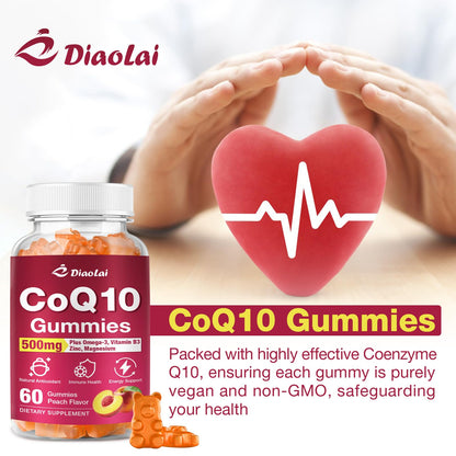 CoQ10 Gummies 500mg + Omega-3 EPA/DHA | Immune & Energy Support – Orange Flavor | Non-GMO, Gluten-Free | 60 Count