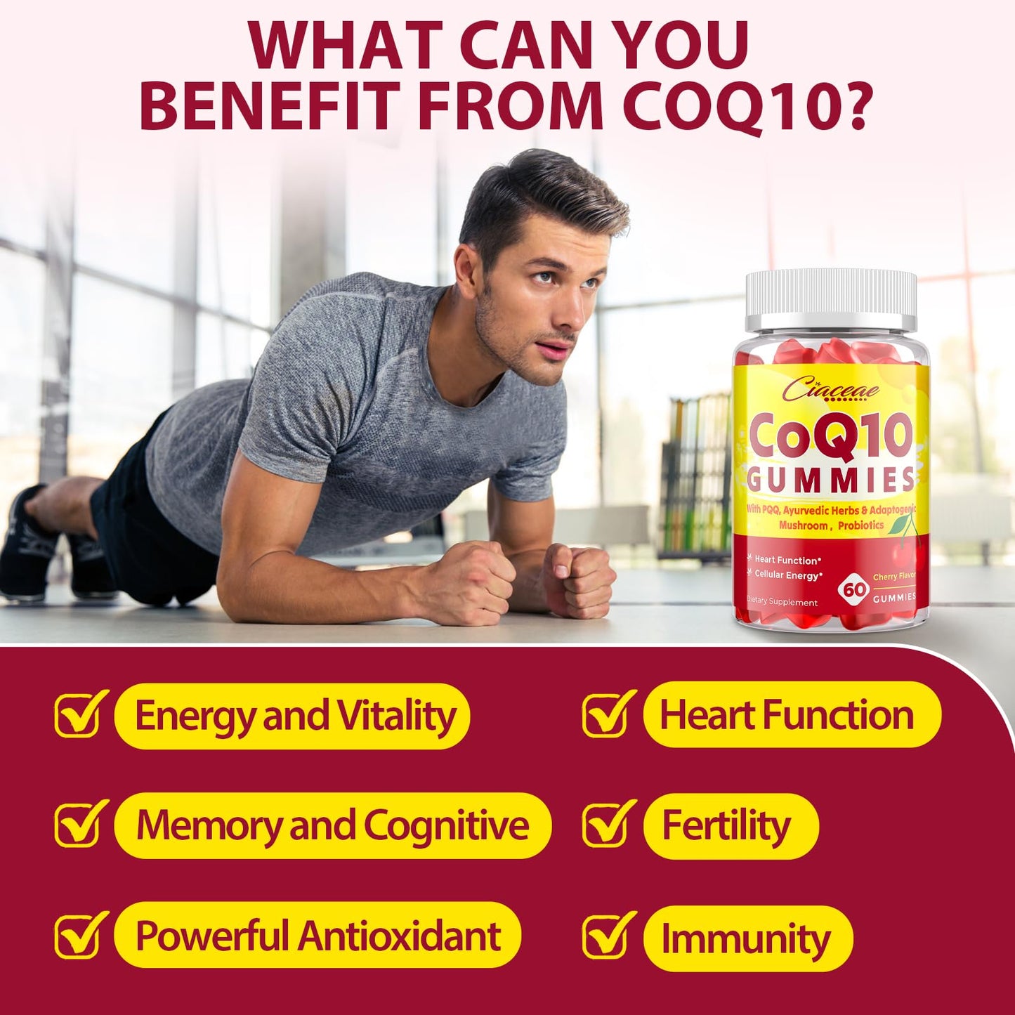 CoQ10 Gummies with PQQ 400 mg – High Potency, Cherry Flavor, 120 Vegan Gummies