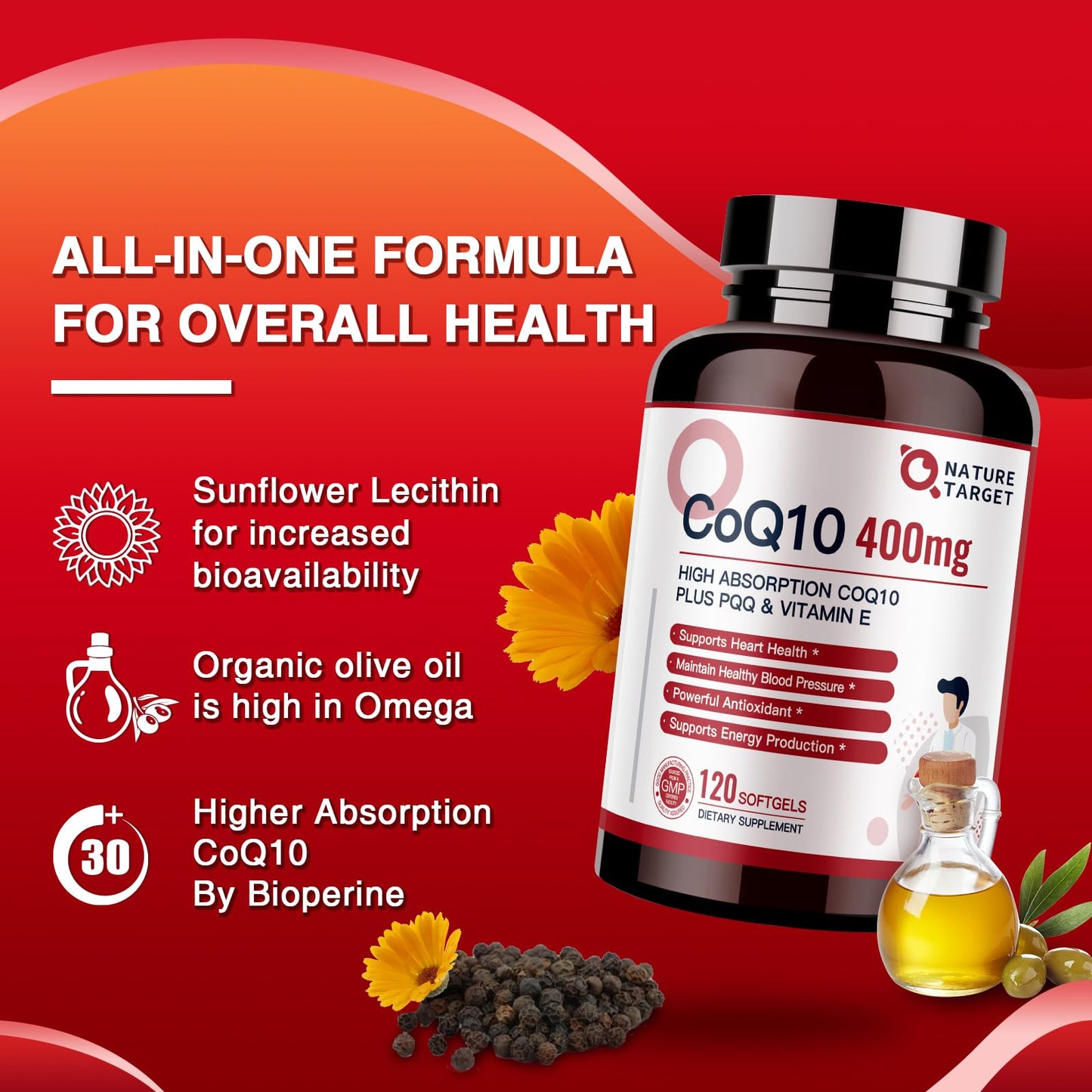 NATURE TARGET CoQ10 400mg + PQQ with Vitamin E & Organic Olive Oil | High-Absorption, 120 Servings