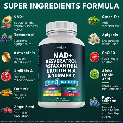 NAD+ Supplement with Astaxanthin, Urolithin A, Resveratrol & CoQ10 | Cellular Energy & Mitochondrial Support | Vegan, Non-GMO | 60 Count