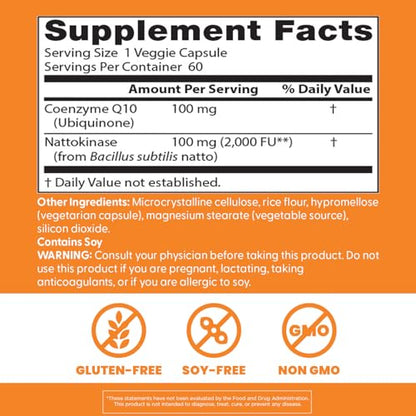 Doctor's Best CoQ10 100 mg + Nattokinase 2000 FU | Heart Support, 60 Veggie Caps