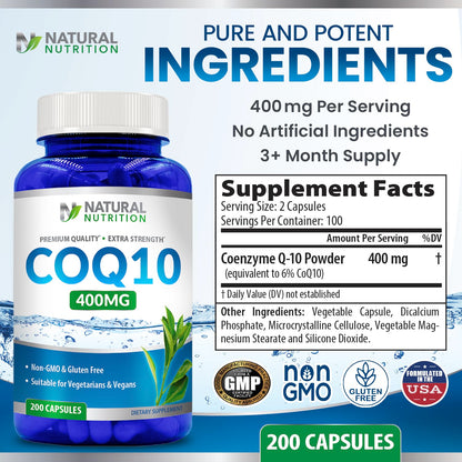 CoQ10 400mg – 200 Capsules | Maximum Strength, High Absorption, Gluten Free, Non-GMO