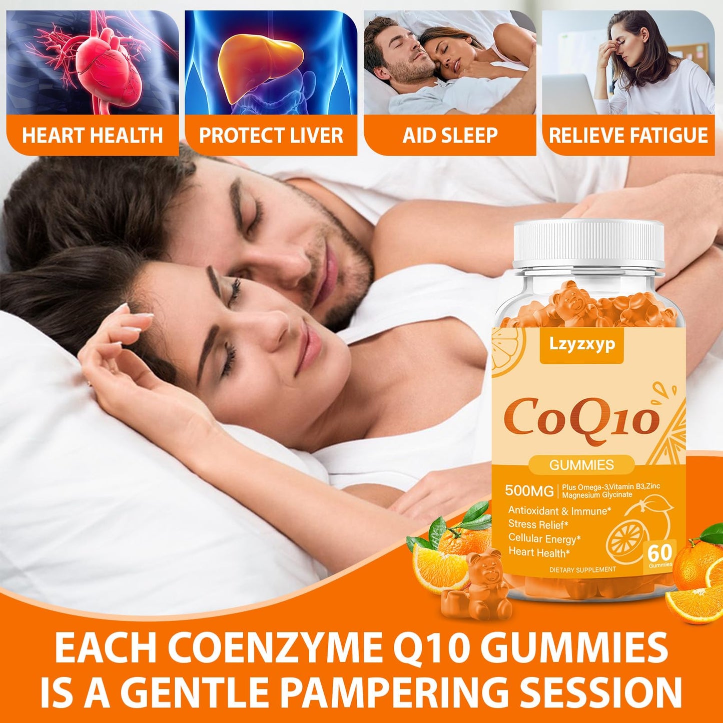 CoQ10 Oranges Gummies 500mg – 3X Absorption | Heart Health, Cellular Energy & Antioxidants | Vegan, Non-GMO 60 Ct