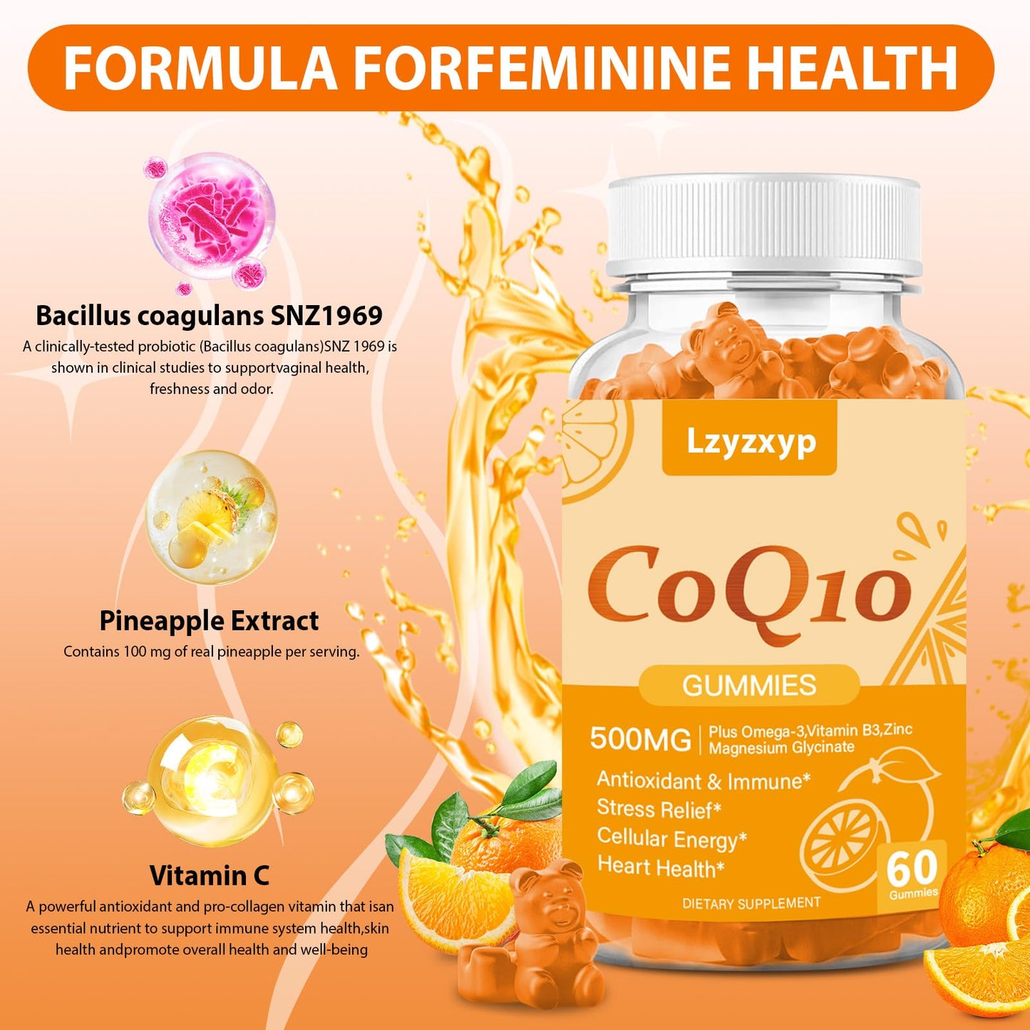 CoQ10 Oranges Gummies 500mg – 3X Absorption | Heart Health, Cellular Energy & Antioxidants | Vegan, Non-GMO 60 Ct