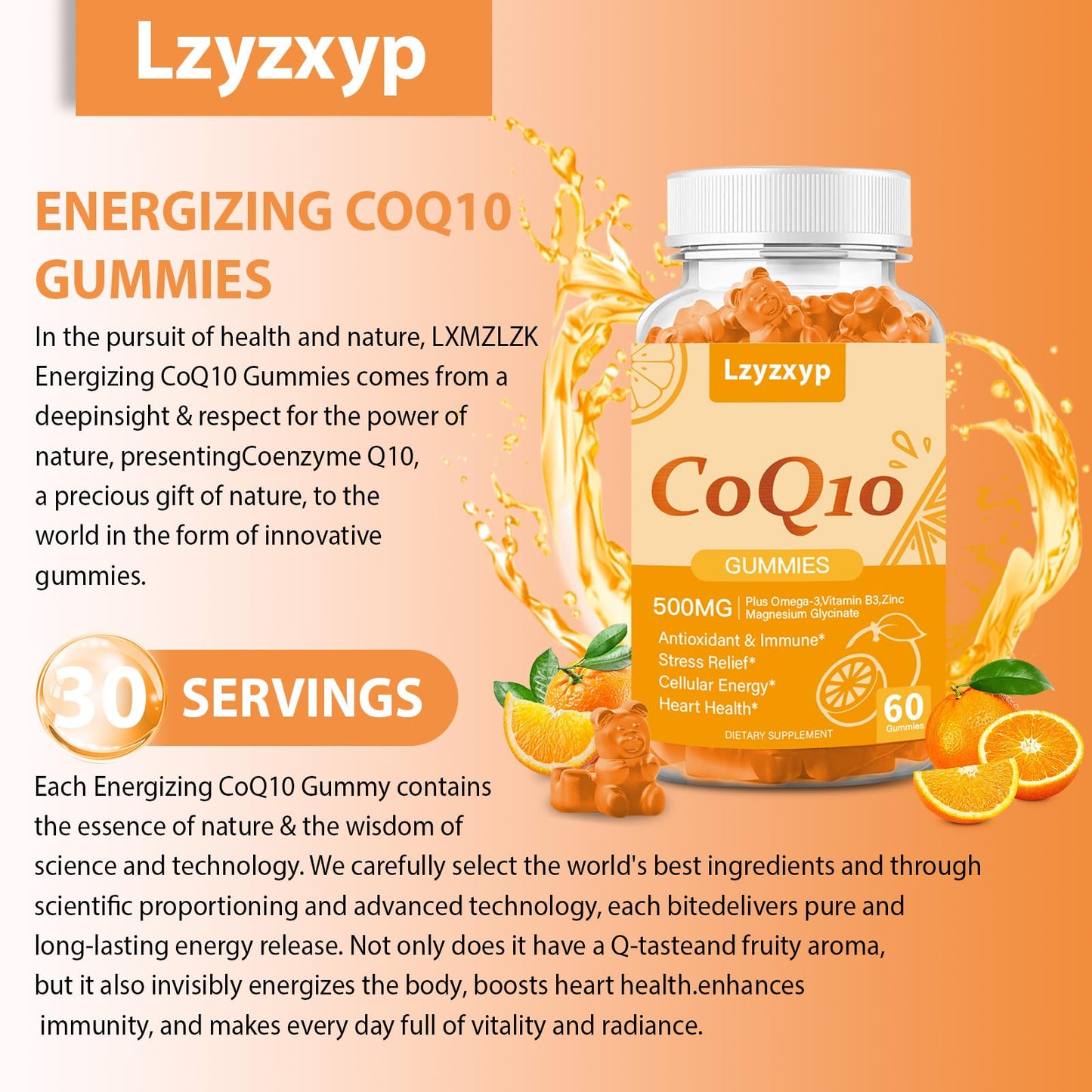 CoQ10 Oranges Gummies 500mg – 3X Absorption | Heart Health, Cellular Energy & Antioxidants | Vegan, Non-GMO 60 Ct