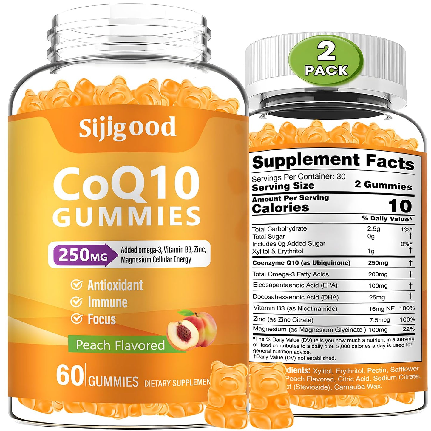2 Pack CoQ10 Gummies with Omega-3, Vitamin B3, Zinc & Magnesium – 5X High Absorption CoQ10, Peach Flavor, 120 ct