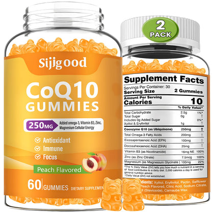2 Pack CoQ10 Gummies with Omega-3, Vitamin B3, Zinc & Magnesium – 5X High Absorption CoQ10, Peach Flavor, 120 ct