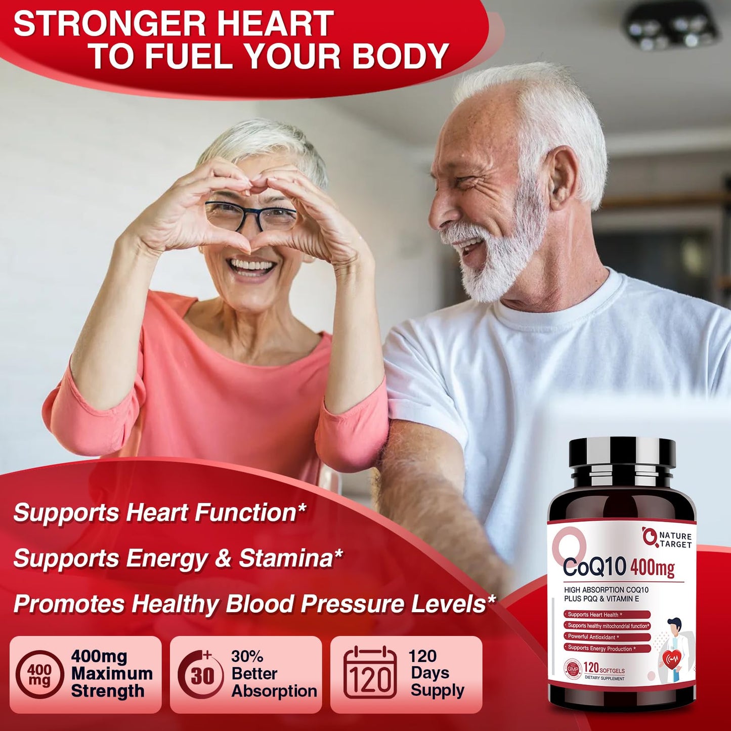 NATURE TARGET CoQ10 400mg + PQQ with Vitamin E & Organic Olive Oil | High-Absorption, 120 Servings
