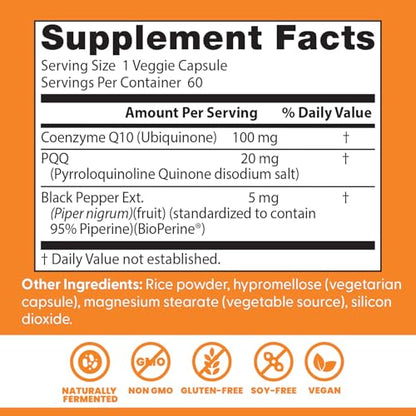 Doctor's Best High Absorption CoQ10 + PQQ – BioPerine, 60 Veggie Caps – Vegan & Non-GMO