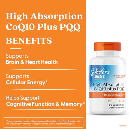 Doctor's Best High Absorption CoQ10 + PQQ – BioPerine, 60 Veggie Caps – Vegan & Non-GMO