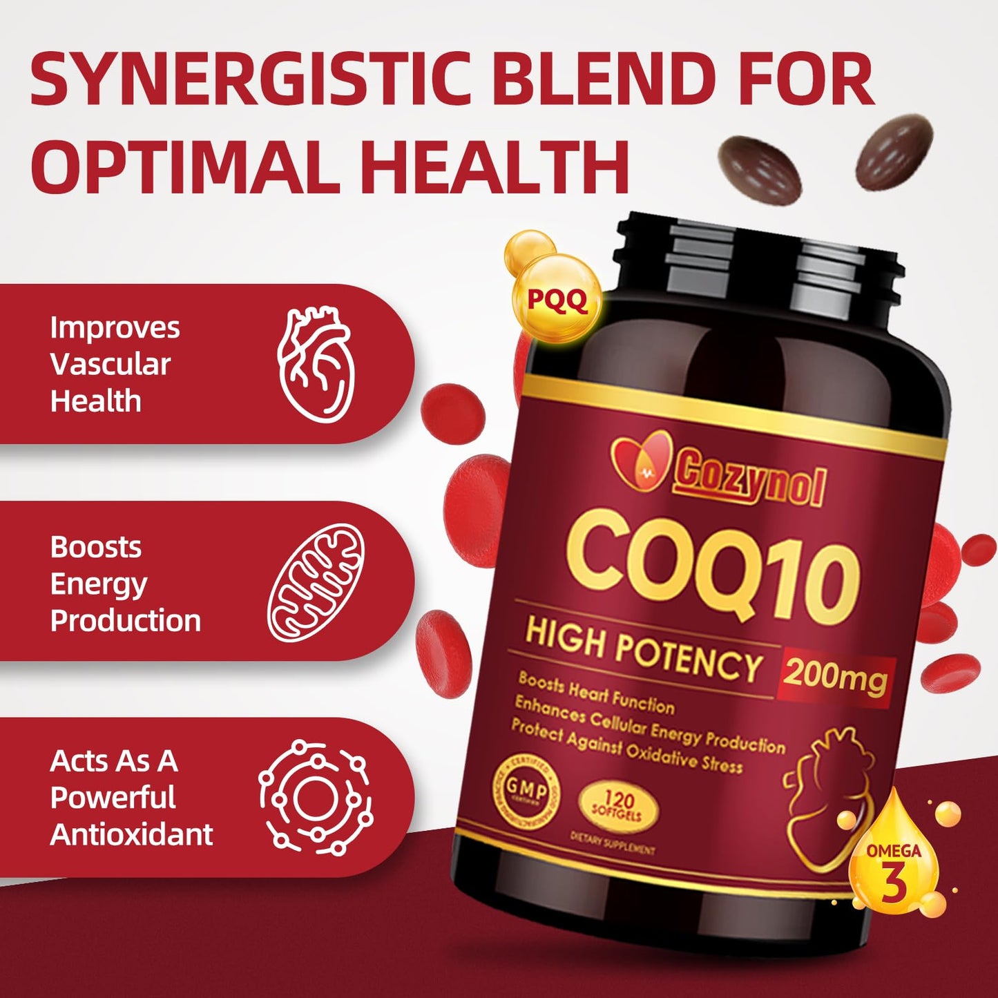CoQ10 200mg Softgels with PQQ & Omega-3 – Maximum Absorption, 120 Count