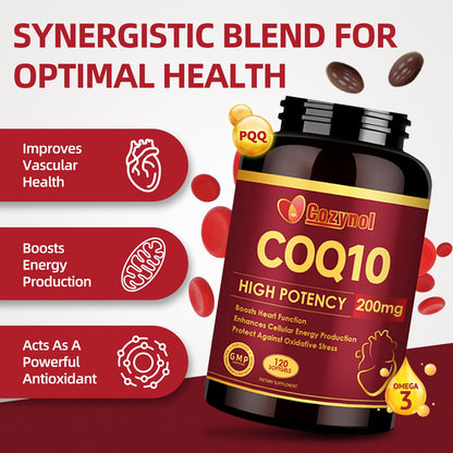 CoQ10 200mg Softgels with PQQ & Omega-3 – Maximum Absorption, 120 Count