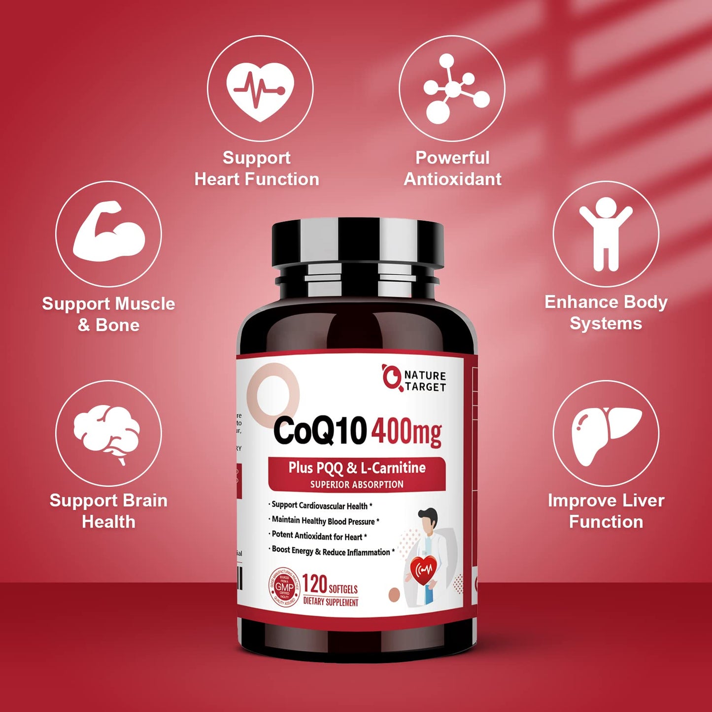Nature Target CoQ10 400mg with PQQ, Omega-3s & L-Carnitine – High-Absorption CoQ10 with BioPerine | 120 Servings