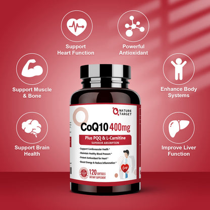 Nature Target CoQ10 400mg with PQQ, Omega-3s & L-Carnitine – High-Absorption CoQ10 with BioPerine | 120 Servings