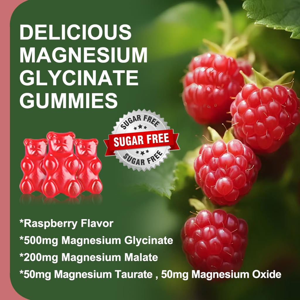 Sugar Free Magnesium Glycinate Gummies - 500mg Mg Glycinate, 60 Raspberry Gummies