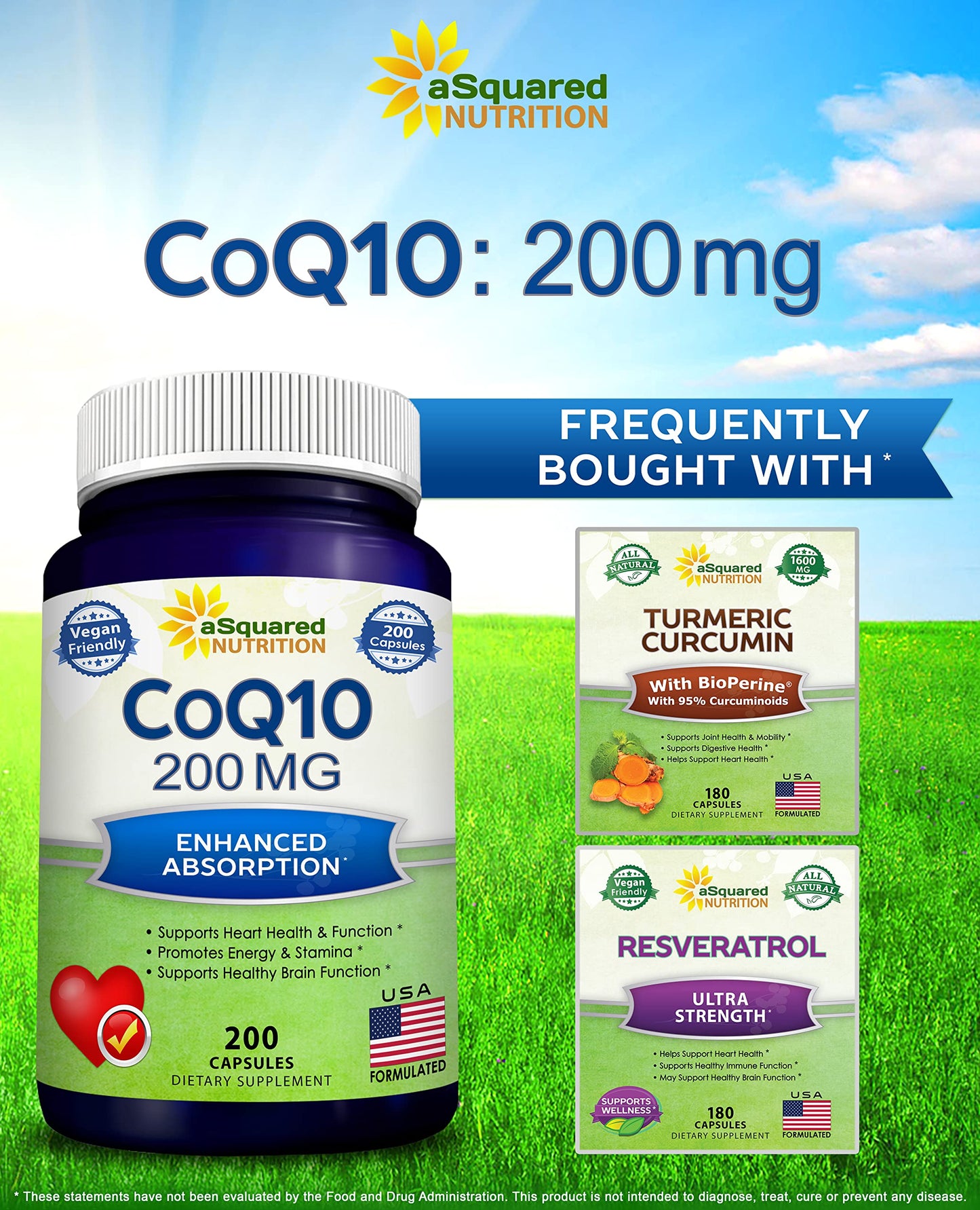 aSquared Nutrition CoQ10 (200 Capsules, 200mg) – High-Absorption Vegan CoQ10 (Ubiquinone) Supplement