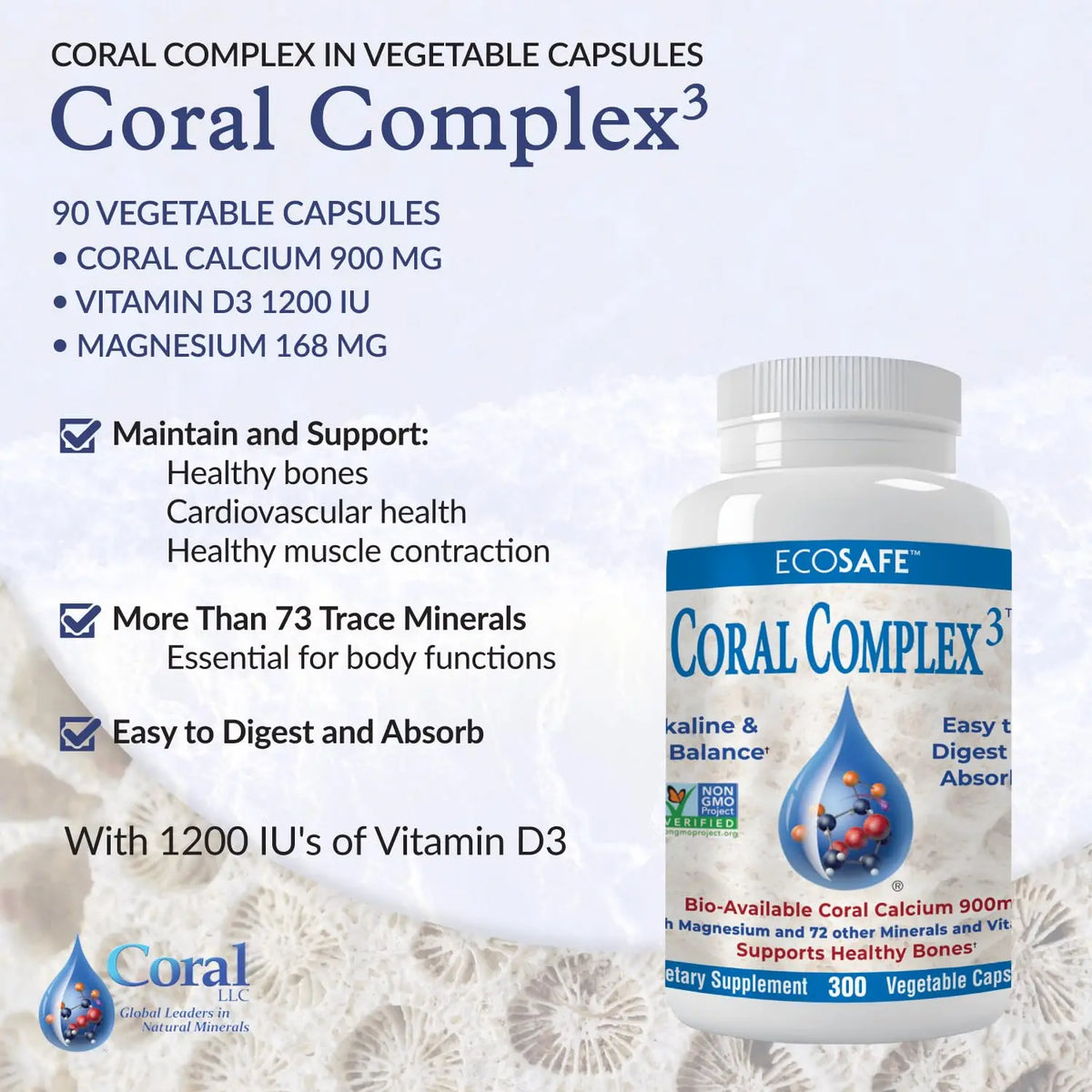 Coral Complex 3 — Coral Calcium 900 mg + Vitamin D3 1200 IU + Magnesium 168 mg | 300 Vegetarian Capsules | Coral White BritishVita | Premium UK Vitamins & Wellness Supplements