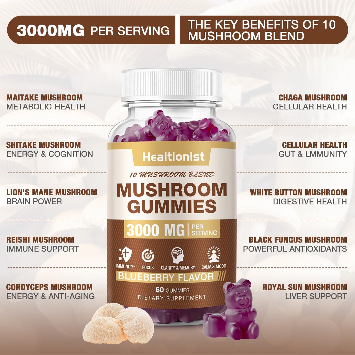 2 Packs Mushroom Complex Gummies 10-Blend – Lion's Mane & Cordyceps for Brain & Immune Support