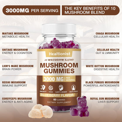 2 Packs Mushroom Complex Gummies 10-Blend – Lion's Mane & Cordyceps for Brain & Immune Support