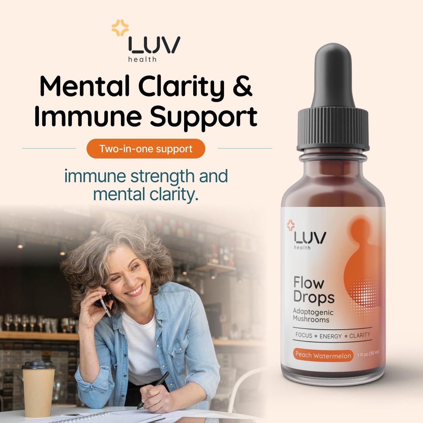 LUV health Flow Drops – Energy, Focus & Immune Support | Adaptogenic Mushrooms (Vegan, Made in USA)
