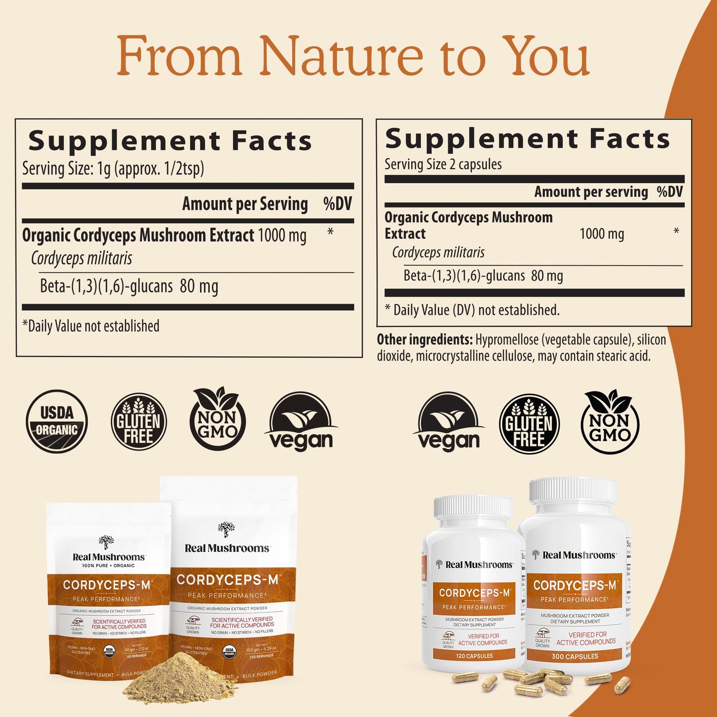Real Mushrooms Cordyceps Mushroom Powder – Organic Cordyceps Mushroom Powder, Beta Glucans, Non-GMO, Vegan, 60 Servings