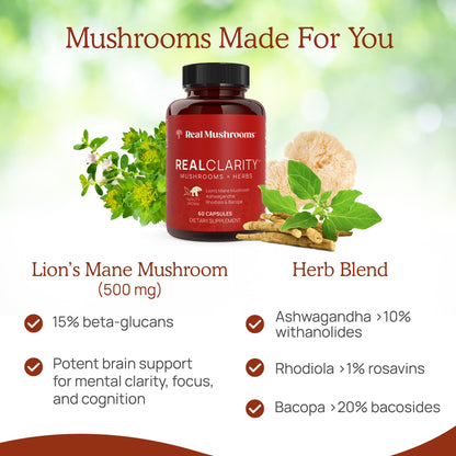 Real Mushrooms RealClarity Capsules – Lion’s Mane, KSM-66 Ashwagandha, Cordyceps & Reishi | Mental Sharpness & Adaptogenic Support | 60 Count – Vegan, Non-GMO