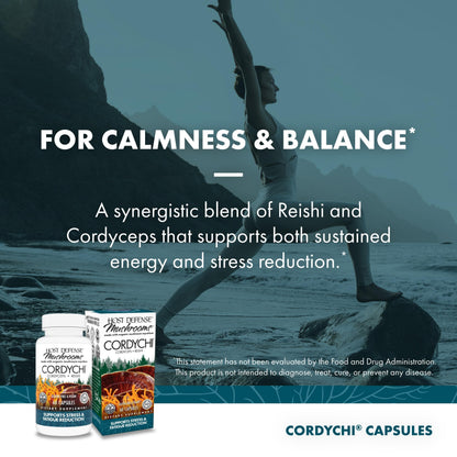 Host Defense CordyChi Capsules - Energy & Immune Support Supplement - Cordyceps & Reishi Mushroom Supplement for Relaxation & Respiratory Support - Aids Against Tiredness - 60 Capsules (30 Servings)*