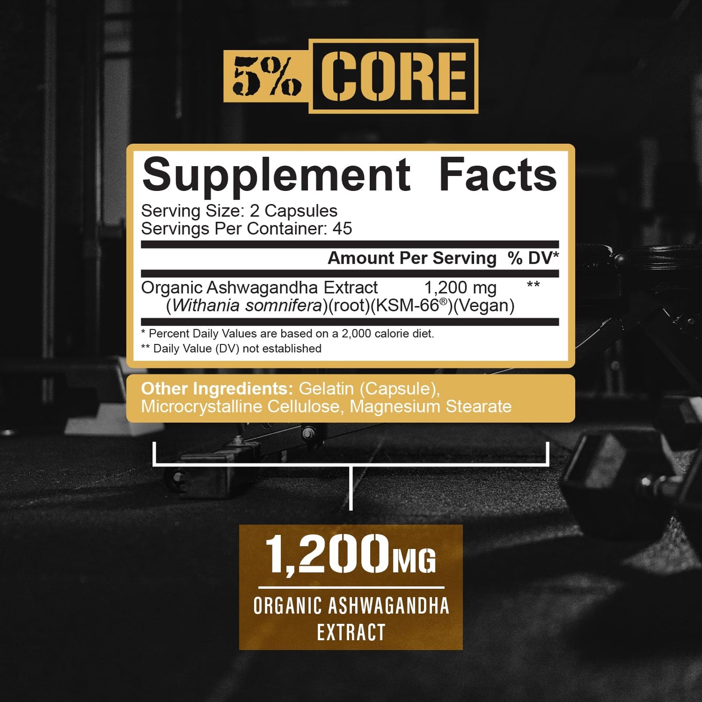 5% Nutrition Core KSM-66 Ashwagandha | 1,200mg Organic Root Extract | High Potency 5% Withanolides (90 Capsules, 45 Servings)