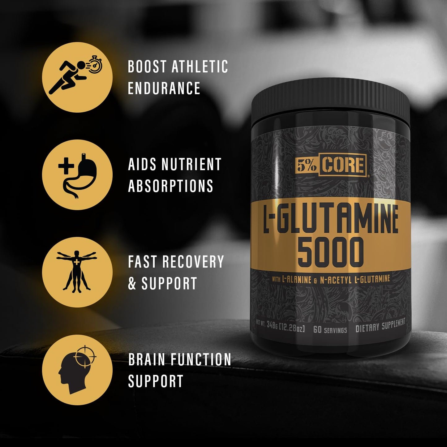 5% Nutrition Core L-Glutamine 5000 w/L-Alanine | Immune & Digestive Support | Post-Workout Recovery | Unflavored (60 Servings)