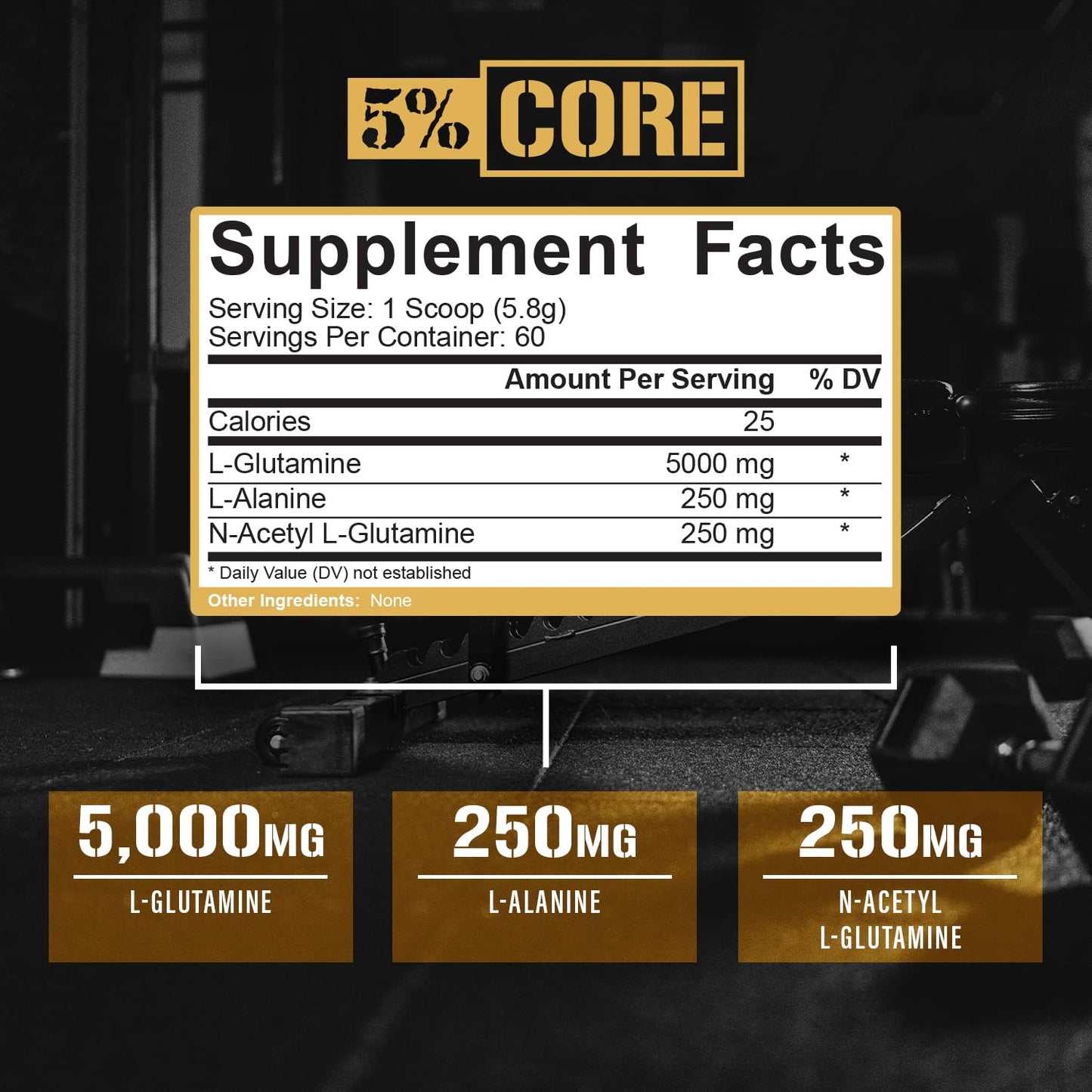 5% Nutrition Core L-Glutamine 5000 w/L-Alanine | Immune & Digestive Support | Post-Workout Recovery | Unflavored (60 Servings)